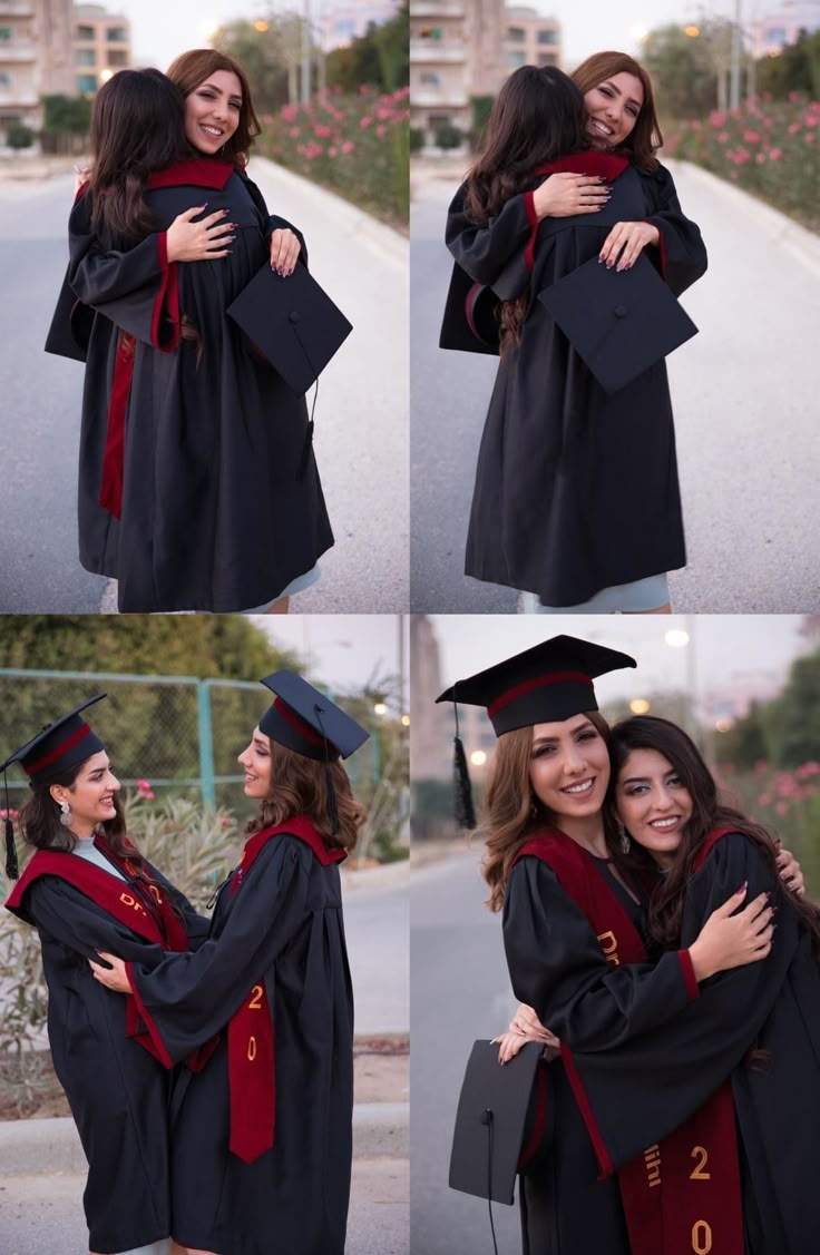 two women in graduation gowns hugging each other and smiling at the same time as they pose for pictures