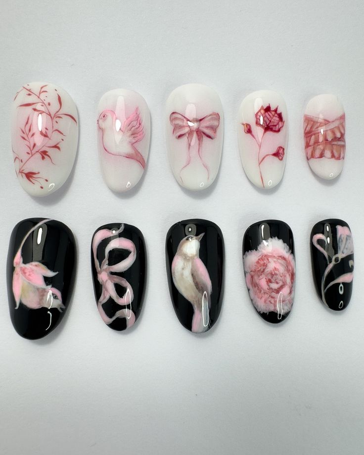 Storybook dreaming: 100% hand painted set with delicate little birdies, bows and flowers. A mix of soft feminine elements and contrasting black, pink and white. >> swipe for inspo by @jennybirdart This style of hand painting is such a test of patience but I’m really happy with how it turned out. Can’t wait to wear them for a girls dinner and drinks Friday night 🍸 #handpaintednails #cutenailart #birdnails #bownails #pinknails Black And Flower Nails, Drink Nails Designs, Bows And Flowers, Pink Black White Nails, Pink And Black Nails Design, Black Pink Nail Art, Black Nails With Flowers, Pink Black And White Nails, Black Flower Nails