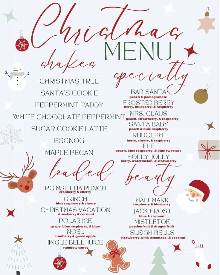 the christmas menu is ready to be eaten for everyone's holiday dinner or party