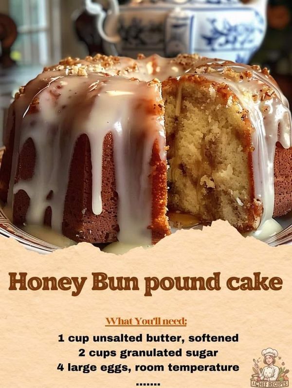 a cake with white icing on it and the words honey bunn pound cake