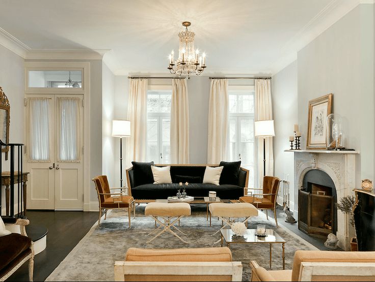 a living room filled with furniture and a fire place in the middle of a room