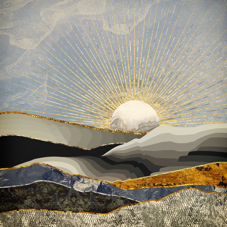 an abstract painting with mountains and sun in the background