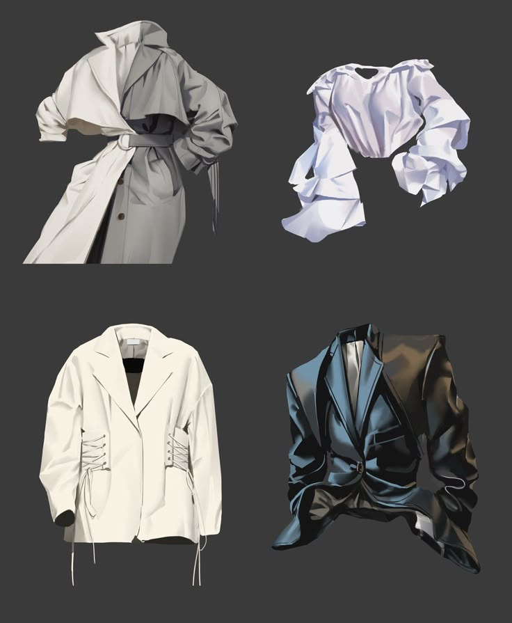 four different types of jackets with one jacket tied up to the back and two in front