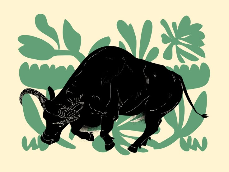 an illustration of a bull in the middle of plants