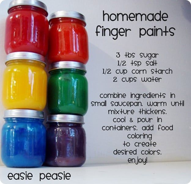 four jars of homemade finger paints with instructions on how to use them for finger painting