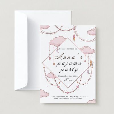 a white card with pink clouds on it and the words anna's picnic party written