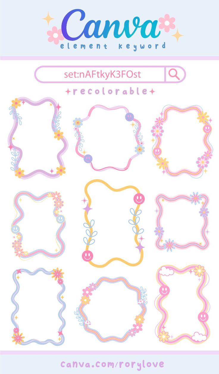 a set of cute frames with flowers and stars on the bottom, in pastel colors