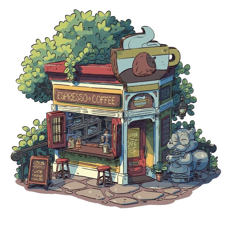 an illustrated drawing of a coffee shop