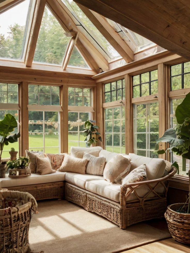 a living room filled with lots of windows and furniture next to a large potted plant