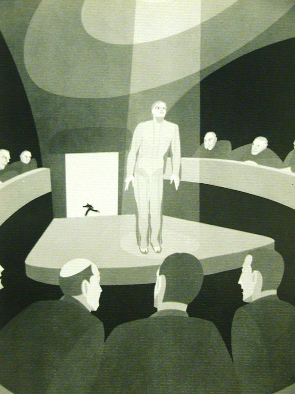 an illustration of a man standing in front of a group of people looking at him