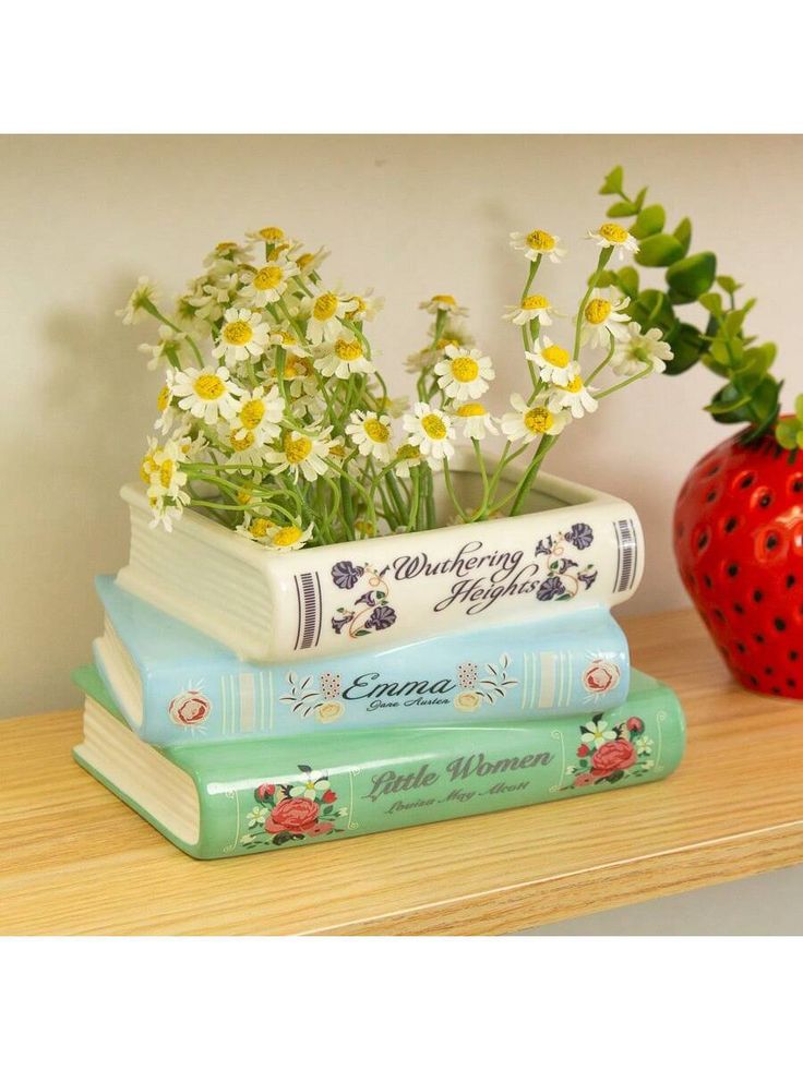 three books stacked on top of each other next to a strawberry and planter with daisies in it