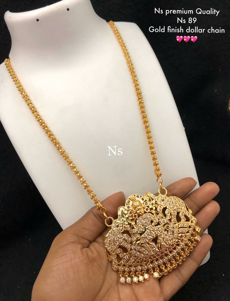 whatsapp 9486115312. worldwide shipping #onegramgold available at #arshis #templejewellery Stone Dollars Gold, Gold Dollars, Dollar Chain, 22 Carat Gold Jewellery, Jewel Design, Long Haram, Antique Necklaces Design, Pendant Sets, Diamond Earrings Design