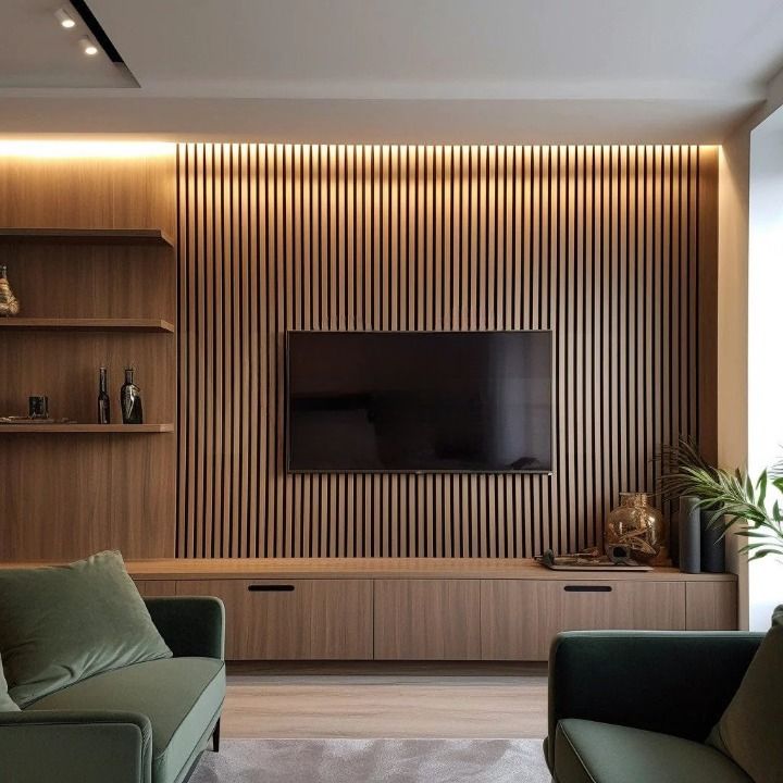 a living room filled with furniture and a flat screen tv mounted on a wall next to a wooden shelf