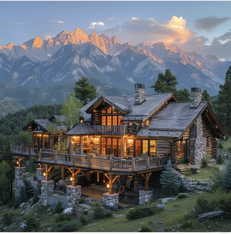 a large log home in the mountains with lights on it's windows and balconies