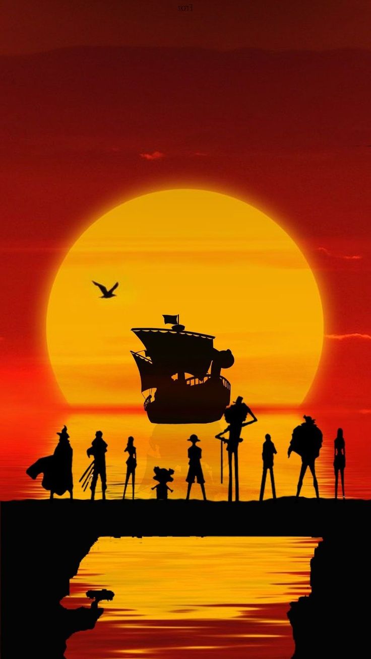 silhouettes of people standing on a pier with a ship in the background at sunset