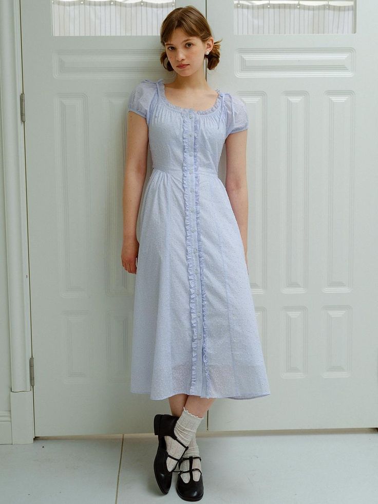 This is a casual and feminine dress by DUNDROP that is made out of high quality and sturdy fabric. With trendy design detail and young vibes, you can style it for your romantic, feminine, and casual daily outfit.- Feminine and girly mood- Ruffle detail along the chest and center front -Shirring detail on the chest, cuffs, and skirt Pretty Dresses With Sleeves, Vintage 1940s Fashion, Minimal Romantic Style, Puff Sleeve Cotton Maxi Dress With Ruffles, Spring Midi Vintage Dress With Ruffles, Spring Vintage Midi Dress With Ruffles, Cotton Maxi Dress With Ruffles And Puff Sleeves, Fitted Cotton Maxi Dress In Feminine Style, Feminine Midi-length Vintage Dress