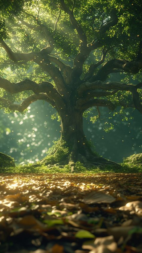 the sun shines through the leaves on the ground in front of a large tree