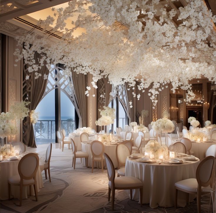 the tables are set with white flowers and centerpieces for an elegant wedding reception