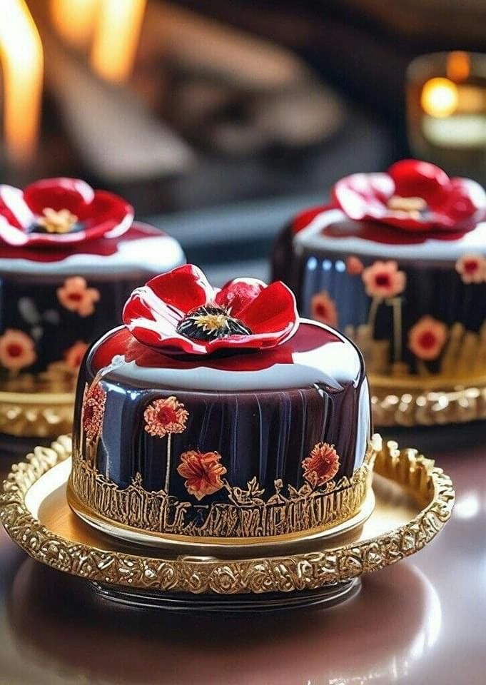 two cakes with red flowers on them sit on gold platters next to each other