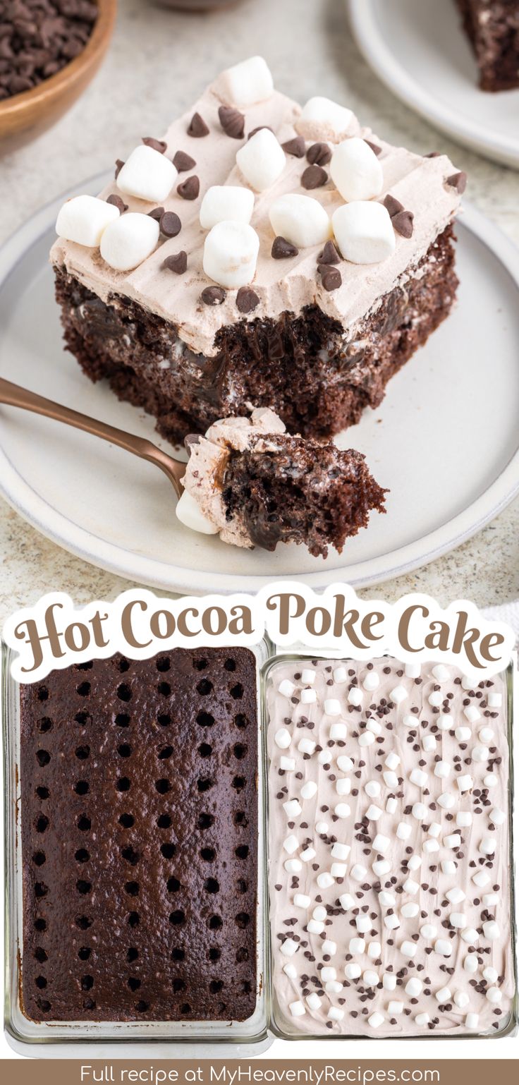 hot cocoa poke cake with marshmallows on top