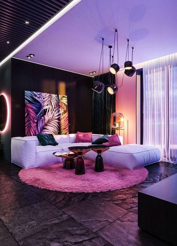 a living room filled with furniture and lights