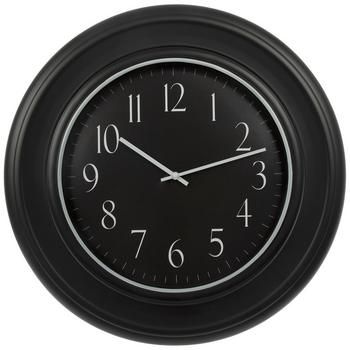 a black wall clock with white numbers on the face and hands is shown against a white background