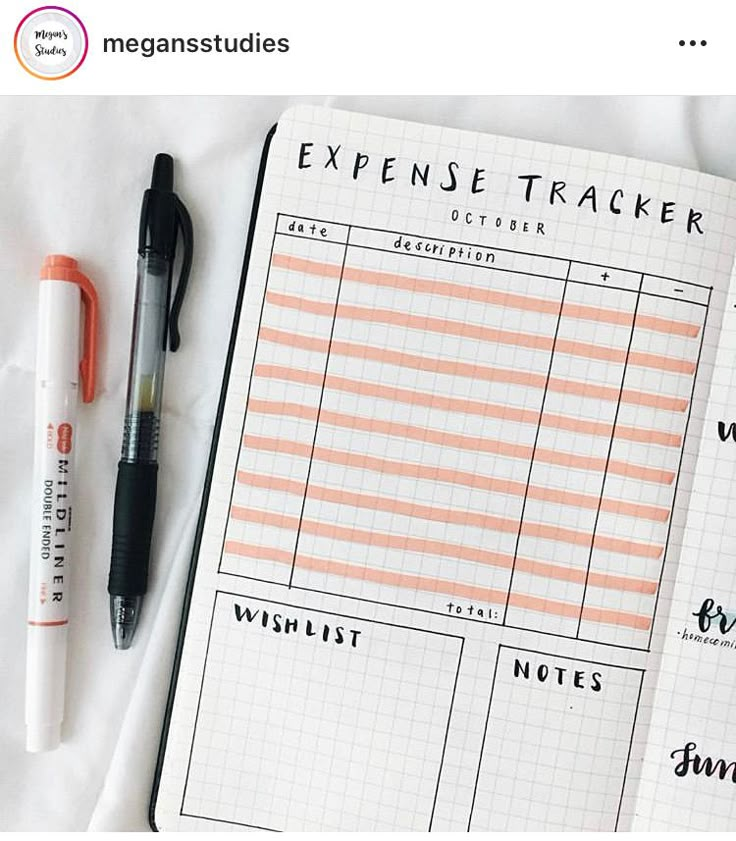 an open planner and pen sitting on top of a white sheet with orange writing next to it