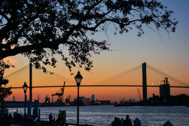 people are sitting on the dock watching the sun go down over the water and bridge in the background