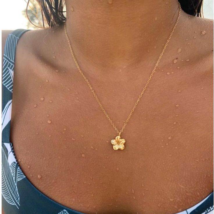 14k Gold-Filled + 14k Vermeil-Style (.925 Sterling Silver Dipped In 14k Gold) Plumeria Measurement: 1/2” Chain Length: 15” + 2” Extension Spring Ring Clasp Also Available In Sterling Silver Smily Face Necklace, Jewelry Gold Dainty, Aesthetic Minimal Jewelry, Jewelry Real Gold, Lily Rose Depp Jewelry, Gold Necklace Real, Simple Elegant Jewelry Silver, Jewelry For The Beach, Soft Jewelry Aesthetic