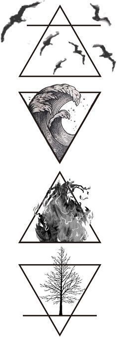 three different types of black and white ink art work, each with an image of a wave