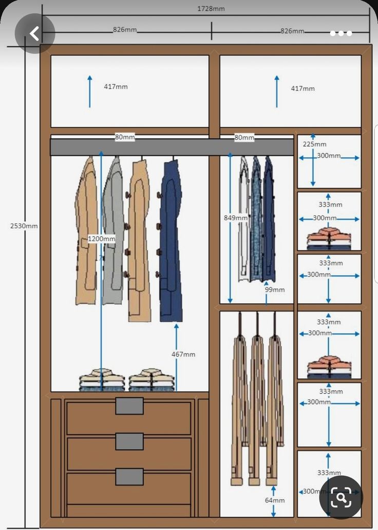 a closet with measurements for clothes and shoes