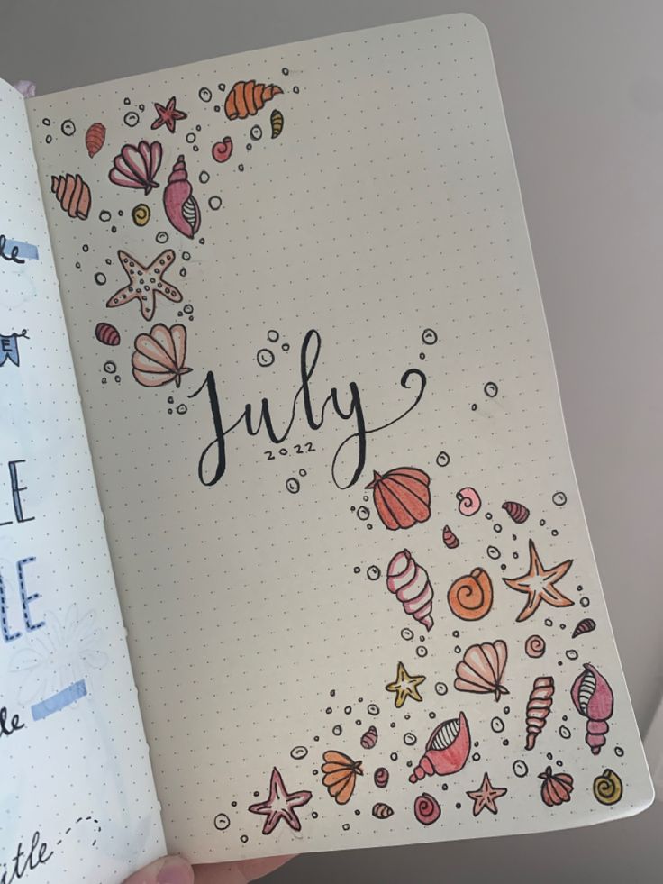 July title page 2022! Seashells and summer July Diary Ideas, July Reading Journal Spread, July Journal Ideas Aesthetic, Summer Bujo Spreads, July Scrapbook Page, Journal Page Cover Ideas, June Reading Journal, Cute First Page Of Notebook Ideas, July Bujo Calendar