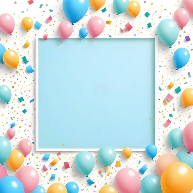 balloons and confetti are scattered around a square frame on a white background with pastel blue