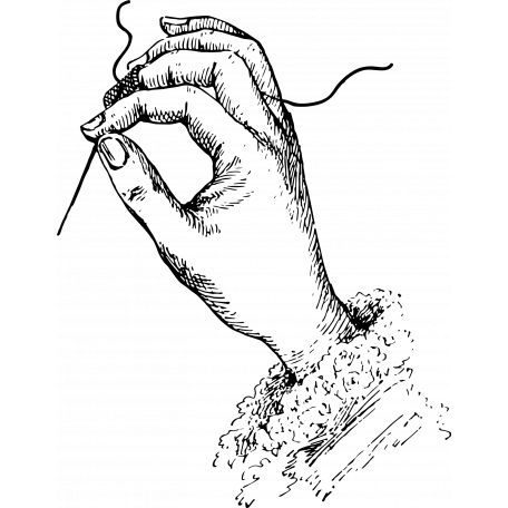 a drawing of someone's hand holding a needle and knitting thread in the grass