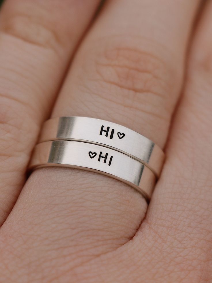 "Copy and paste into your browser, get 15% off ➔ https://bit.ly/VD15OFF Matching hi rings, for the best friend or partner in your life. DETAILS: -Two Matching Rings -Each ring is hand stamped -Ring is Sterling Silver -4mm in thickness You will receive two hand-stamped sterling silver rings filled with a black enamel finish. **Every item is handmade, this means that each will be unique and may not look EXACTLY like the picture, but it will look very similar ➡ORDER PROBLEMS If there are any proble Lesbian Promise Rings, Matching Rings For Best Friends, Hi Hi Heartstopper, Pride Rings, Most Expensive Engagement Ring, Matching Jewelry For Couples, Expensive Engagement Rings, Matching Ring Set, Matching Couple Rings