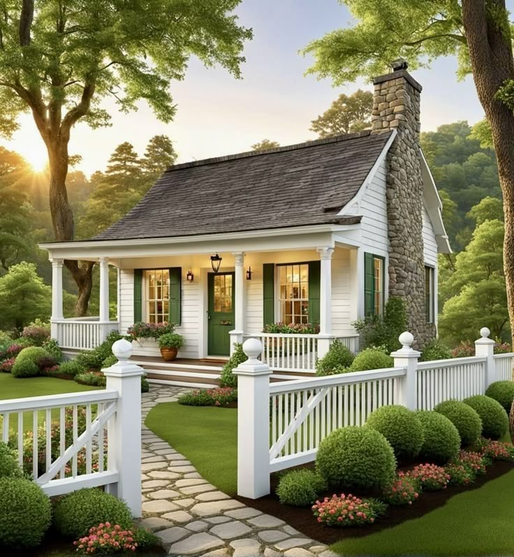 a small white house with green shutters on the front door and porch, surrounded by trees