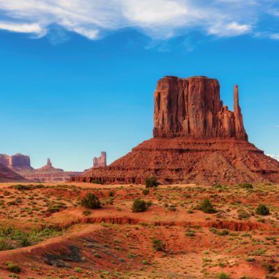 the desert is full of red rocks and green plants