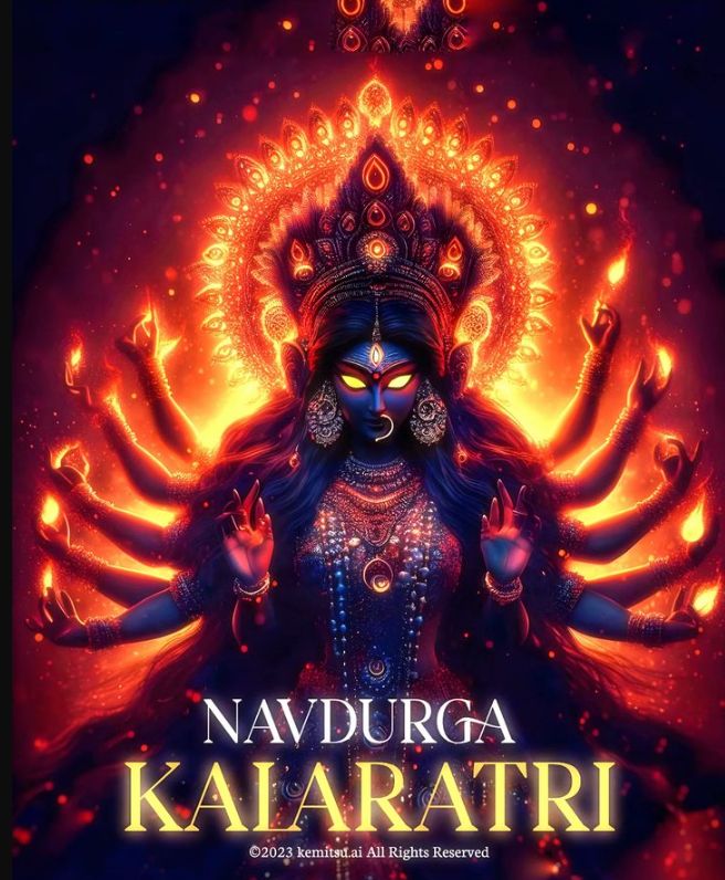 the poster for navdurga kalaaratri is shown in red and blue