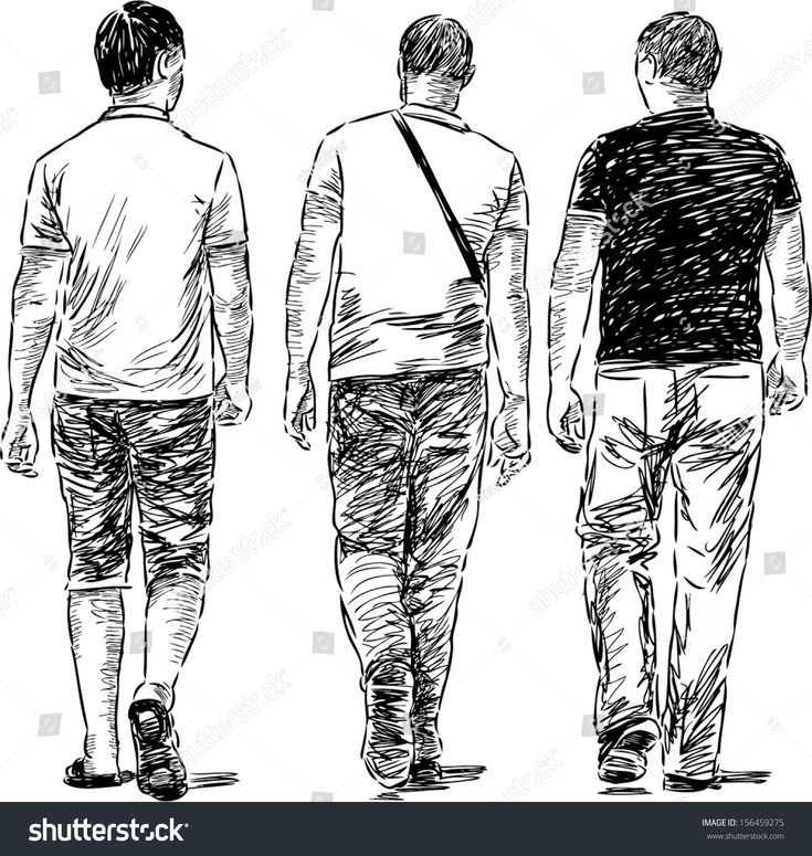 three men walking down the street hand drawn in black and white ink, on a white background