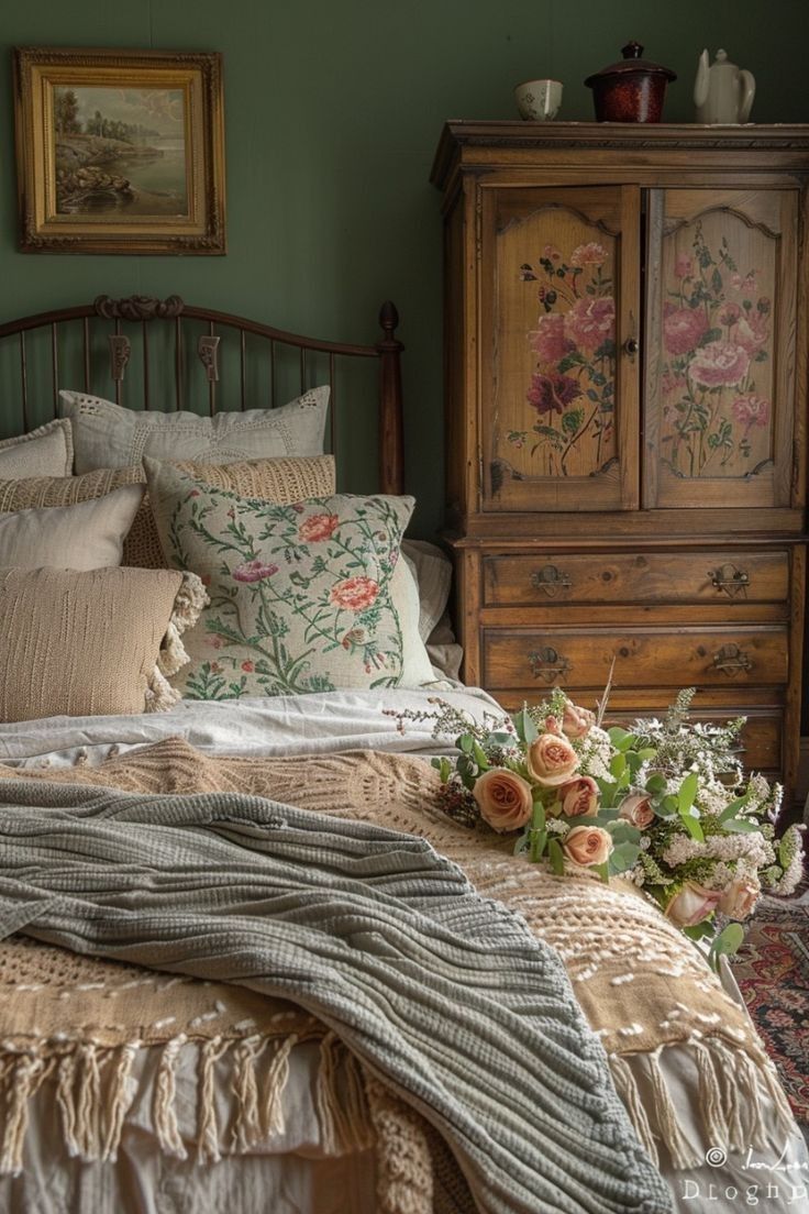 a bed with pillows and blankets on top of it next to a wooden dresser filled with flowers