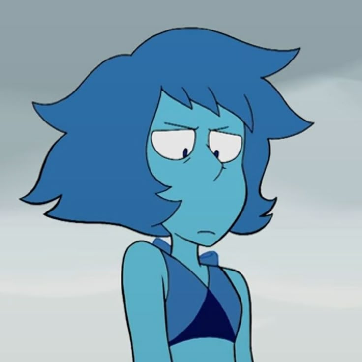 a cartoon character with blue hair and an evil look on her face, standing in front of a cloudy sky