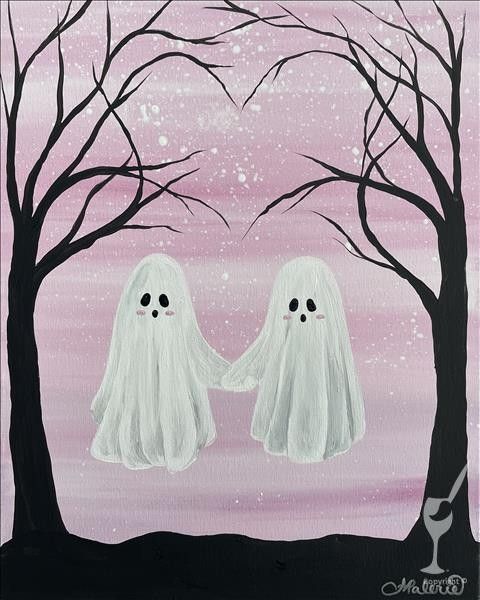 a painting of two ghostly ghostes in front of trees with pink sky and stars