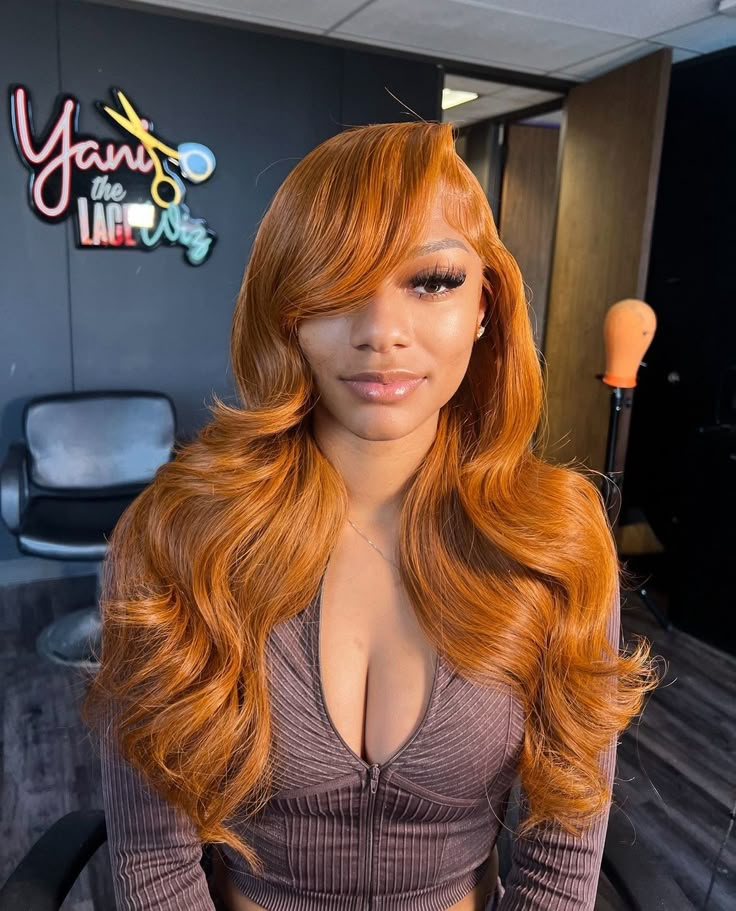 Cooper Wigs For Black Women, Copper Frontal Wig, Fall Wigs Black Women, Copper Lace Front Wigs Black Women, Ginger Hair Side Part, Colored Layered Wig Black Women, Ginger Hair Quick Weave, Ginger On Light Skin Black Women, Ginger Wig Install Black Women