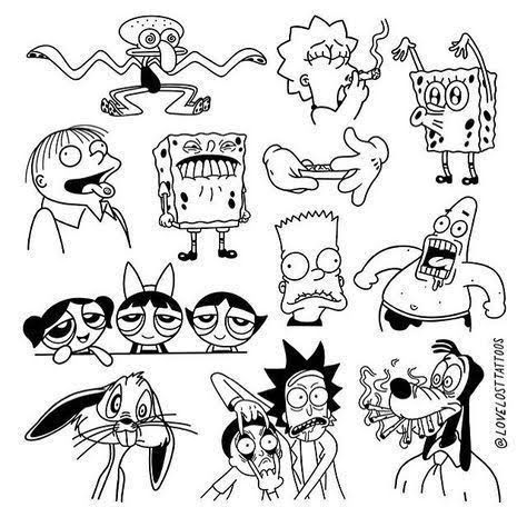 cartoon characters drawn in black and white ink on paper, including an image of the simpsons family