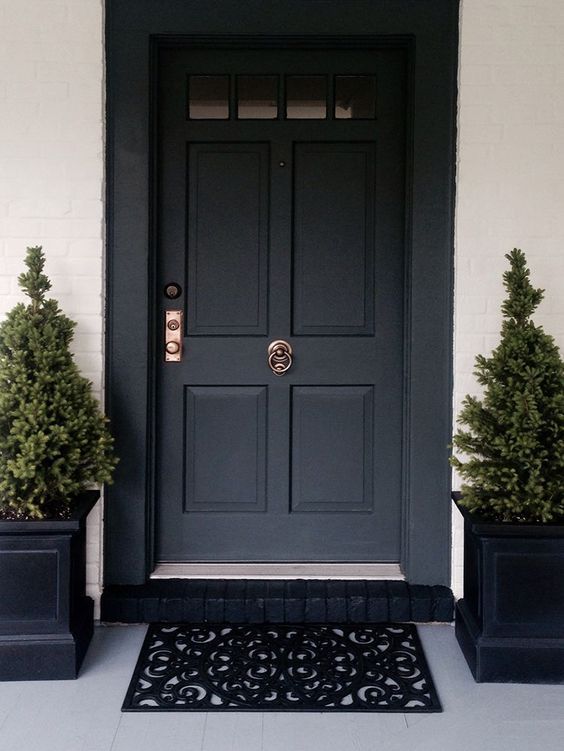 a black front door with two planters on either side