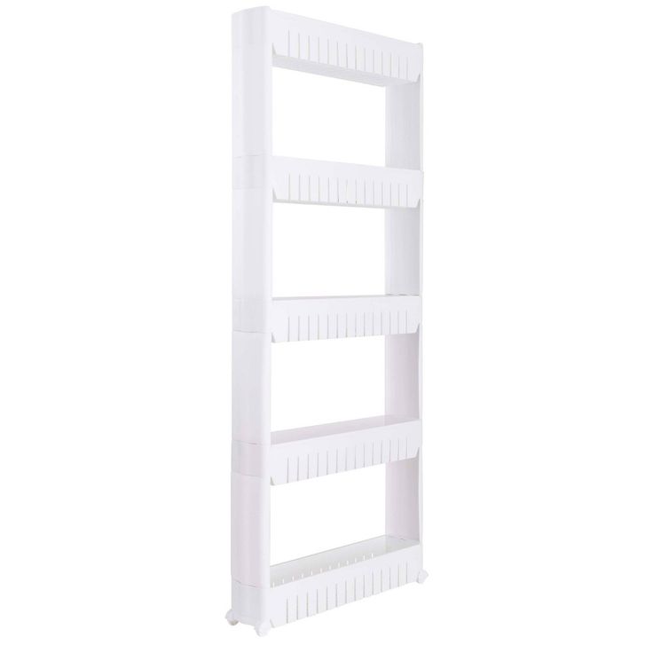 a white shelf with four shelves on each side