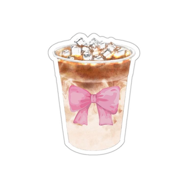 a cup filled with ice and a pink bow