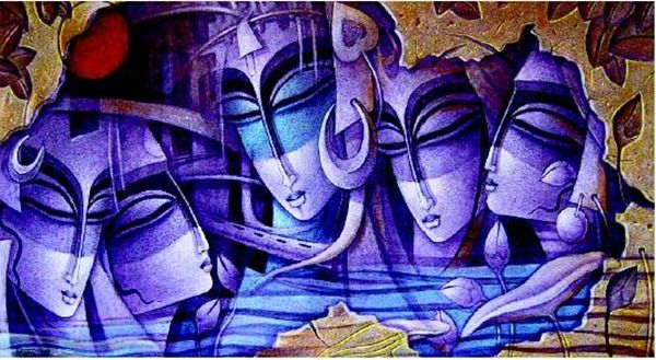 an artistic painting on the side of a building with faces painted in blue and purple