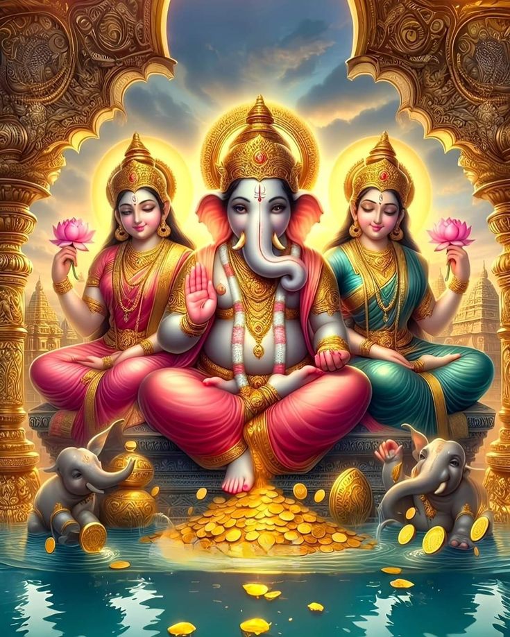 lord ganeshri sitting on the water with his two elephants in front of him