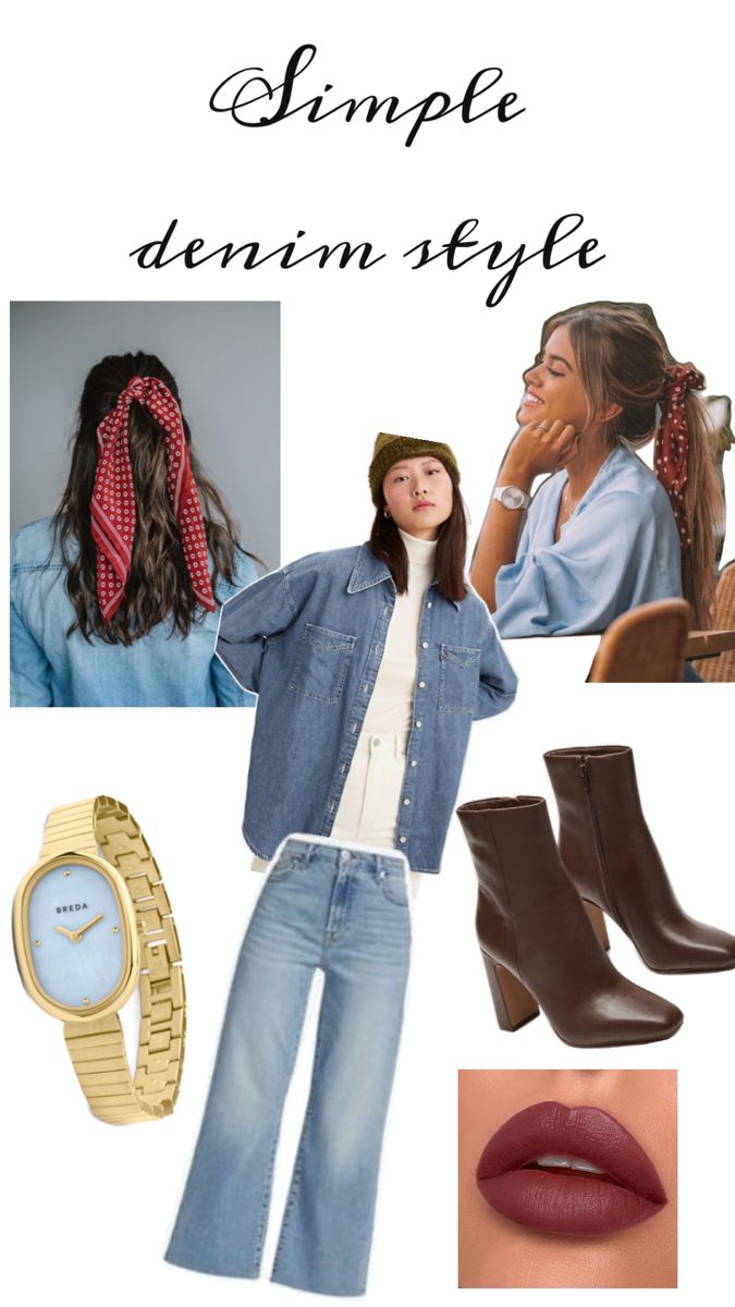 Golden watch, blue denim with white tee, red lipstick, bandana Denim Styling, Golden Watch, Denim Style, Red Lips, Denim Fashion, Blue Denim, Lips, Fashion Outfits, Red